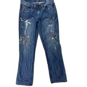 BCBG Maxazria Size 25 Jeans Womens Paint Splattered Med Wash Mid Rise Straight
